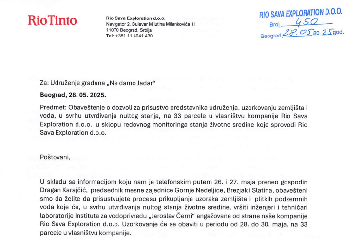 Dopis o dozvoli za prisustvo i uzorkovanje ka predstavnicima udruženja „Ne damo Jadar“